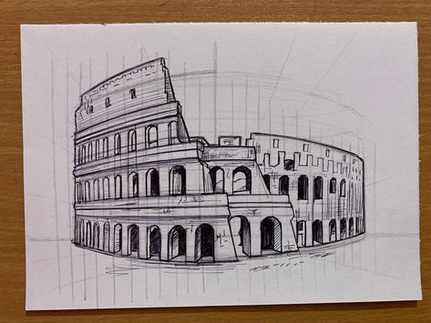 Colosseum drawing with pen. Colosseum Drawing Sketch, Famous Buildings Sketches, Colosseum Drawing Architecture, Roman Colosseum Drawing, Arhitecture Draw Buildings, Drawings Of Buildings Architecture, Colleseum Rome Drawing, Building Art Drawing Sketches, Building Architecture Design Drawing