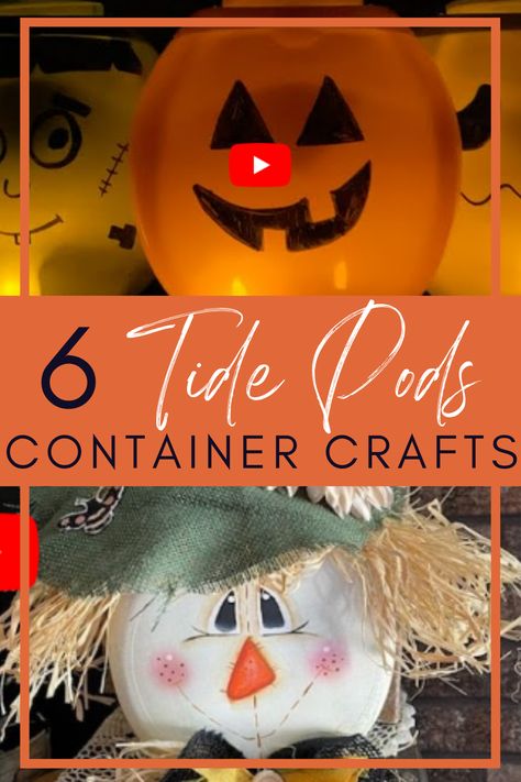 Tide Pods Container Crafts Ideas, Tide Pods Container Crafts, Pumpkin Bucket Crafts, Detergent Bottle Crafts, Tide Pods Container, Halloween Container, Container Crafts, Halloween Pumpkin Diy, Fall Decor Diy Crafts