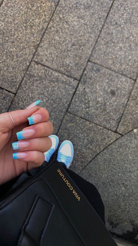 Light Blue Nails With Initial On It, Nails With His Initials Blue, Blue French Tip Nails With Initial, Blue Acrylic Nails With Initials On Them, Light Blue Nails With Initials, Blue Initial Nails, Blue Nails With Initials, French Nails With Initials, French Tip With Initial