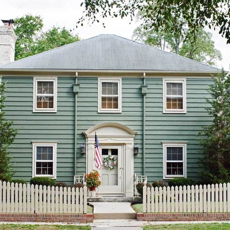 Here are the 19 Most Popular Exterior Colors | Family Handyman Sage Green House Exterior, Sage Green House, Green Exterior Paints, Green House Exterior, Tan House, Beautiful Small Homes, Deck Colors, Colonial Exterior, Free Your Mind