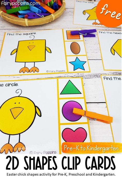 These FREE 2D shapes clip cards help kids identify shapes and develop their fine motor skills too. The cute chick theme makes these an awesome addition to Easter or spring math centers. #prek #kindergarten #preschool #eastermath #springmath #mathcenters #finemotor #shapesactivities #shapescenter #2dshapes Chicken Life Cycle Activities, Spring Preschool Activities, Easter Math, Fine Motor Activities For Kids, Printable Shapes, Spring Math, Fun Math Activities, Learning Printables, Early Childhood Teacher