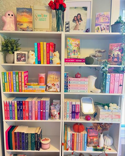 my new bookshelves!!🫶🫶 i am SO HAPPY with the way they turned out!! how do you organize your books?? . . #bookshelf #shelfie #bookshelves #bookstagram #bookaddict #bookstagrammer #booksta #bookstacks #bookaesthetic #readingaesthetic #bookshelfinspiration #bookshelfinspo Fun Bookshelves, Bookshelf In Bedroom Ideas, Bookshelf Styling With Books, Living Room Bookshelf Ideas, Bookshelf Organization Ideas, Aesthetic Book Shelf, Aesthetic Bookshelf Decor, Booktok Bookshelf, Shelfie Bookshelves