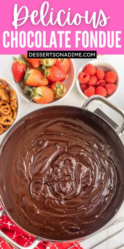 Do you need a fun dessert? Make this easy Chocolate Fondue that is perfect. In just minutes, you can prepare your favorite chocolate fondue. The ideas are endless for dippers and it is always such a fun recipe with simple ingredients. You can use different types of chocolate and it's always a hit. #dessertsonadime #chocolatefondue #partydip #fondue Easy Chocolate Fondue, Easy Chocolate Fondue Recipe, Fondue Ideas, Easy Fondue Recipes, Dessert Fondue, Chocolate Fondue Recipe, Fondue Night, Fondue Recipe, Fun Dessert