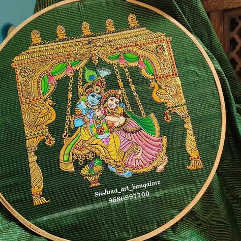 This beautiful Duo of krishna and Radha on kanchipuram blouse Radha Krishna Design On Blouse, Radha Krishna Blouse Designs, Radha Krishna Embroidery Designs, Radha Krishna Fabric Painting, Bapu Paintings, Blouse Painting, Krishna And Radha, Fabric Colour Painting, Tanjore Art