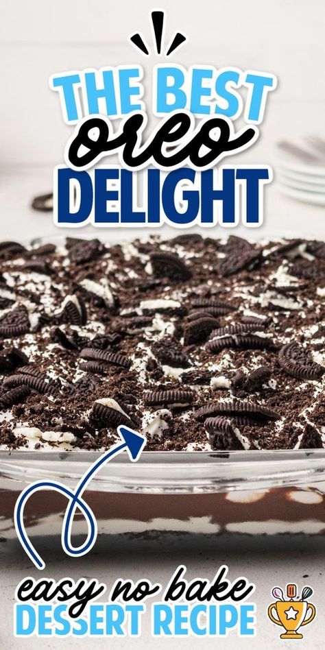 Oreo Delight is a rich, chocolatey dessert with layers of pudding, whipped cream, and, of course, Oreos. It's light and fluffy and everyone will love it! #OreoDelight #OreoDesserts #SweetTreats #OreoRecipes #DeliciousDesserts #NoBakeDesserts #OreoLovers #EasyDesserts #HomemadeTreats #OreoDelights #DessertIdeas #QuickDesserts #OreoCheesecake #RecipeOfTheDay #DessertInspiration Oreo Dessert With Ice Cream, 3 Ingredient Oreo Dessert, Chocolate Pudding Oreo Dessert, Oreo Dessert Easy 3 Ingredients, Oreo And Pudding Dessert, Oreo Dream Dessert, Cookie Delight Dessert, Oreo Dessert Without Cream Cheese, Dessert With Whip Cream