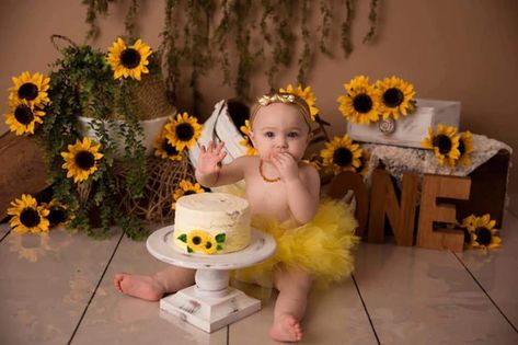 Sun Flower Photo Shoot, Sunflower Cake Design, Sunflower 1st Birthday, Flower Photo Shoot, Fall 1st Birthdays, Sunflower Cake, Beauty Of Flowers, 1st Birthday Photos, Seamless Backdrop