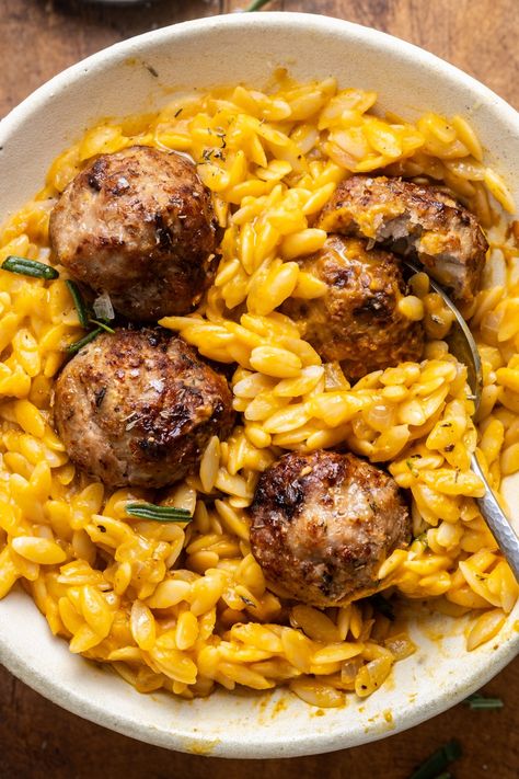 Lemon Thyme Meatballs with Pumpkin Orzo - Wandering chickpea Pumpkin Orzo Recipes, Turkey Meatballs And Orzo, Lemon Thyme Meatballs With Pumpkin Orzo, Meatball Stew With Orzo, Greek Chicken Meatballs With Lemon Orzo, Pumpkin Orzo, Wandering Chickpea, Oven Baked Meatballs, Pumpkin Pasta