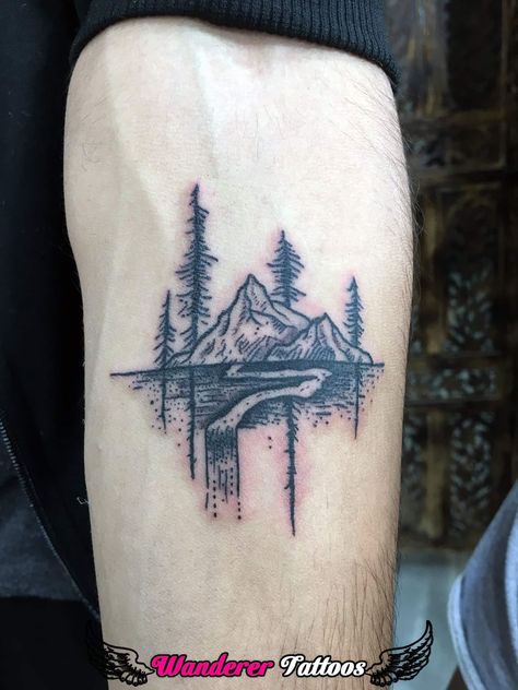 Minimalism Mountains, trees and stream  Tattoo by: Anmol Jeswani  Wanderer Tattoos Near SS Kachoriwala Opposite Dr. Kaul hospital Naya bazar - Gwalior 7000826391 Stream Tattoo, Wanderer Tattoo, Cabin Tattoo, Rain Tattoo, Pineapple Tattoo, Cool Nature, 13 Tattoos, Water Tattoo, Planet Tattoos