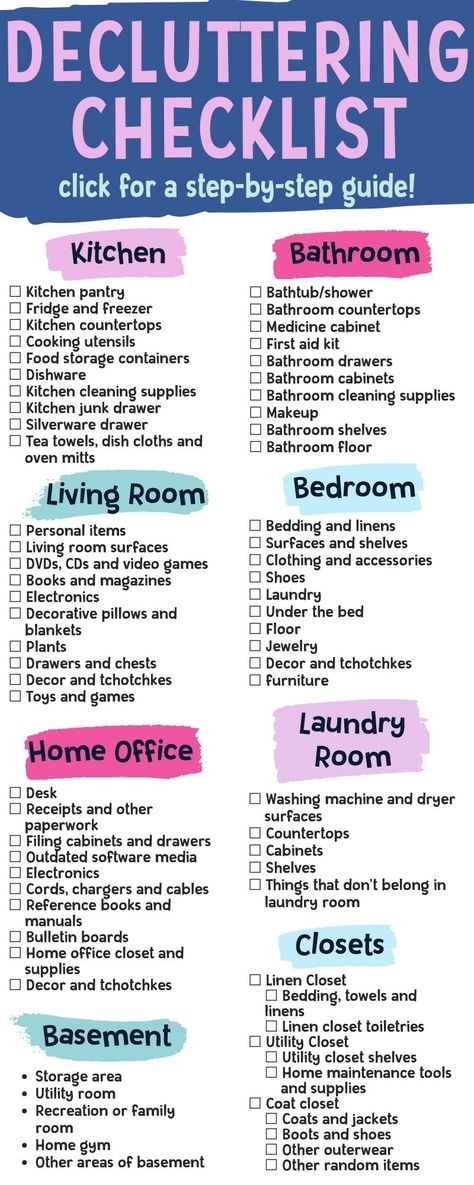 Text image is a room by room checklist of things to declutter in your home. List of things to declutter your kitchen, declutter your bathroom, declutter your living room, declutter your bedroom, declutter your home office, declutter your closets, declutter your laundry room and declutter your basement. Decluttering Ideas For Bedroom, Organize Living Room Clutter, Bathroom Declutter Organizing Ideas, Declutter Challenge Bedroom, Declutter List By Room, Declutter House Room By Room, Ways To Declutter Your Bedroom, Declutter Room By Room Checklist, Organize And Declutter Home