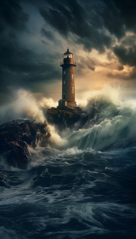 A mesmerizing view of stormy horizons, where the ocean's fury clashes with the dramatic skies, evoking the intense beauty of nature's tempest. Ships In Storms Stormy Sea, Lighthouse In Storm, Spiraling Staircase, Lighthouse In A Storm, Lighthouse At Night, Lighthouse Storm, Storm Painting, Ocean Storm, Vast Ocean