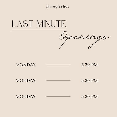 Last Minute Opening Available Salon, Openings This Week Salon, Instagram Lash Page Aesthetic, Lash Tech Stories, Last Minute Cancellation Appointment, Spa Post Ideas, Last Minute Opening Available, Lash Social Media Post, Hair Social Media Posts