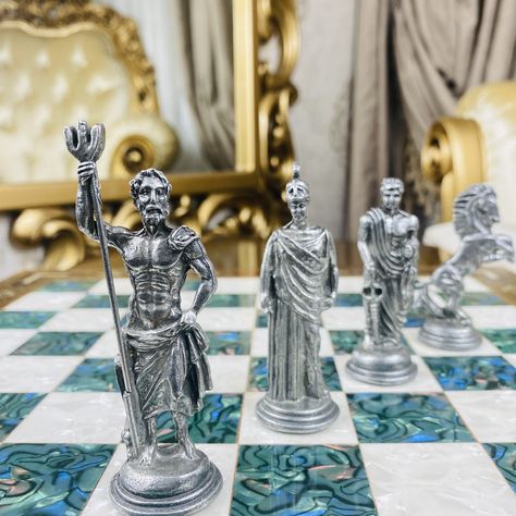 Premium Handcrafted Greek Mythology Themed Metal Chess Set - Decorative Office Gift - Black Wooden Chess Board With Large Metal Chess Pieces by TugraGiftShop on Etsy Marvel Chess Set, Types Of Metal Art, Metal Chess Set, Wooden Chess Board, Ancient Mythology, Woodworking Ideas Table, Wooden Chess, Woodworking Techniques, Chess Pieces