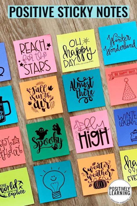 Positive Student Notes ready for the entire school year with this huge set! Seasonal, holiday, and everyday notes ready to be passed out. From Positively Learning Blog #stickynotes #positivenotes #behavior Sticky Notes Ideas Wall, Positive Sticky Notes, Sticky Note Decor, Positive Notes For Students, Positive Student Notes, Sticky Notes Ideas, Sticky Notes Quotes, Post It Art, Notes Quotes