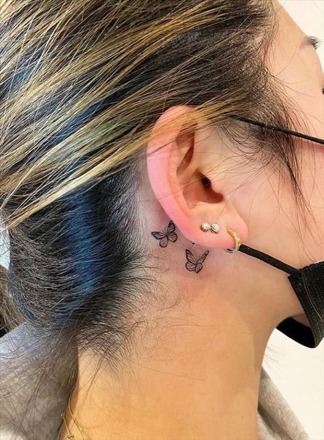 Small Neck Tattoos, Behind Ear Tattoos, Small Butterfly Tattoo, Back Of Neck Tattoo, Neck Tattoos Women, Petite Tattoos, Small Butterfly, Stylist Tattoos, Cute Tattoos For Women