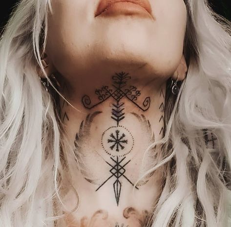 Viking Tattoo Symbol Neck Throat Tattoos Women, Geometric Throat Tattoo, Shrunken Head Tattoo, Chest Neck Tattoo, Throat Tattoos, Front Neck Tattoo, Girl Neck Tattoos, Side Neck Tattoo, Throat Tattoo