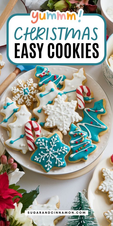 Easy Christmas Cookies are a festive, fun, and delicious way to celebrate the holiday season. These buttery, sugar-based cookies are shaped into classic Christmas designs like snowflakes, candy canes, and Christmas trees, then decorated with colorful royal icing. Christmas Tree Cookies Decorated Easy, Christmas Cookie Royal Icing, Christmas Sugar Cookies With Royal Icing, Christmas Tree Cookies Decorated, Cookies Shapes, Christmas Cookies Sugar, Christmas Sugar Cookie Designs, Royal Icing Christmas Cookies, Christmas Cookie Ideas