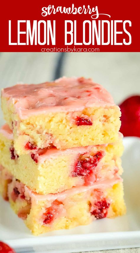 Got fresh strawberries? These STRAWBERRY LEMON BLONDIES are soft, moist, and bursting with juicy berries and fresh lemon flavor! A strawberry lemon glaze makes them irresistible. #strawberrylemon #strawberryblondies @Creations by Kara Strawberry Healthy Dessert, Strawberry Lemon Desserts, Strawberry Blondies Recipe, Lemon Blondies Recipe, Strawberry Lemon Blondies, Strawberry Blondies, Lemon Blondies, Oatmeal Chocolate Chip Bars, Pumpkin Pie Bars