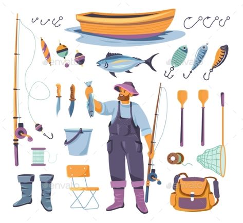 Fisherman Tools Fisherman Drawing, Fisherman Illustration, Fishing Icon, Fishing Illustration, Work Journal, Illustration Art Design, Fishermans Wharf, Fish Illustration, Fish Net