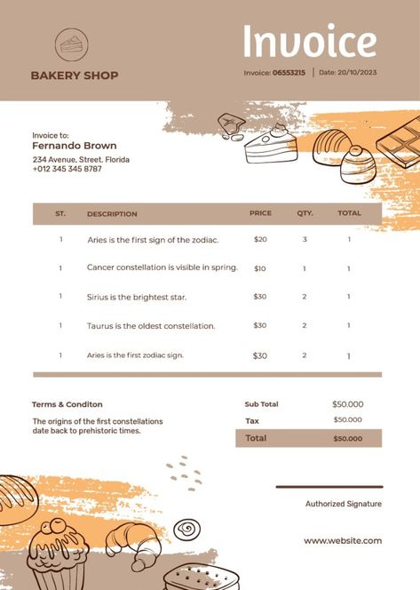 Hand-drawn Brown Orange Bakery Shop Invoice Orange Bakery, Flour Bakery, Design Cake, Pastel House, Bakery Business, Abstract Art Wallpaper, Orange Design, Bakery Shop, Boy Birthday Cake