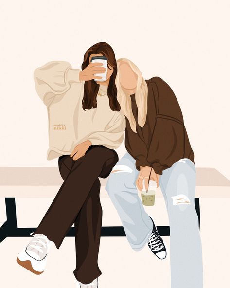 nikki! | custom illustrator ˚ ༘♡ ⋆｡˚ (@madeby.nikki) • Instagram photos and videos Blonde And Brown Best Friends Aesthetic, Faceless People Drawings, Blonde And Brunette Best Friends Cartoon, Bff Cartoon, Best Friend Illustration, Brown Hair Cartoon, Blonde And Brunette Best Friends, Sisters Drawing, Friends Sketch