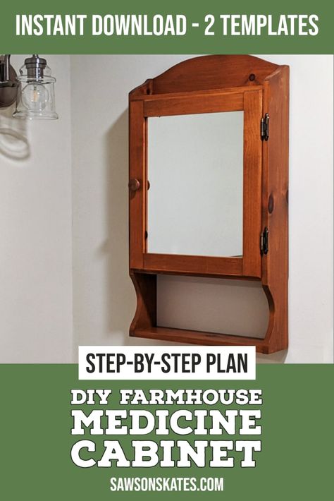 Add character and extra storage to your bathroom with this farmhouse-style DIY medicine cabinet! The free plans include step-by-step instructions and two patterns – everything you need to add some rustic charm to your space. Medicine Cabinet Plans Diy, Diy Bathroom Wall Cabinet, Diy Bathroom Medicine Cabinet, Farmhouse Medicine Cabinet, Diy Bathroom Cabinet, Make Outdoor Furniture, Farmhouse Medicine Cabinets, Diy Medicine Cabinet, Rustic House Ideas