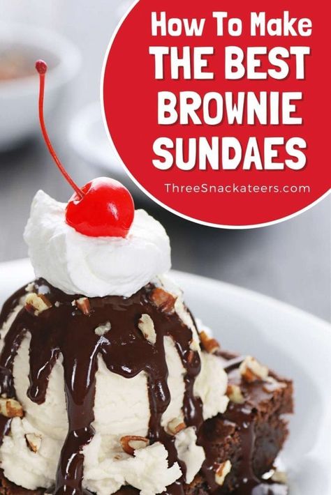 Brownie Ice Cream Sundae Bar, Brownies With Ice Cream On Top, Brownie Sundae Recipes, Hot Fudge Brownie Sundae, Hot Fudge Sundae Bar, Brownie Sundae Ideas, Brownie Ice Cream Desserts, Brownie Bowls For Ice Cream, Brownie Sundae Bar