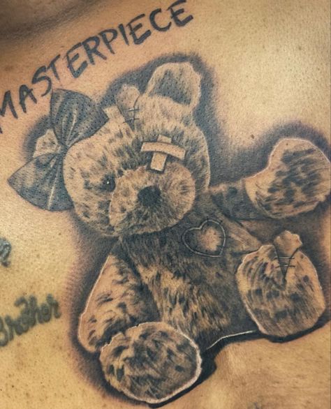 Teddy Bear Tattoo For Men, Teddy Ruxpin Tattoo, Ripped Teddy Bear Tattoo, Childhood Teddy Tattoo, Tattered Teddy Bear Tattoo, Bear Tattoos, Bear Tattoo, Tattoos For Guys, Tattoo Artists