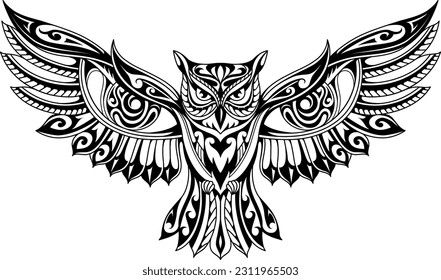 Creative owl tattoo with hidden eyes Aztec Animal Tattoo, Mandala Owl Tattoo Design, Owl Face Tattoo, Owl Back Tattoo, Owl Tattoo Stencil, Celtic Owl Tattoo Design, Celtic Owl Tattoo, Simple Owl Tattoo, Owl Eye Tattoo