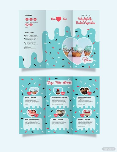 Bakery Brochure, Brochure Design Creative, Brochure Design Layout, Template Brochure, Brochure Holders, Illustrator Template, Trifold Brochure Design, Pamphlet Design, Cupcake Bakery