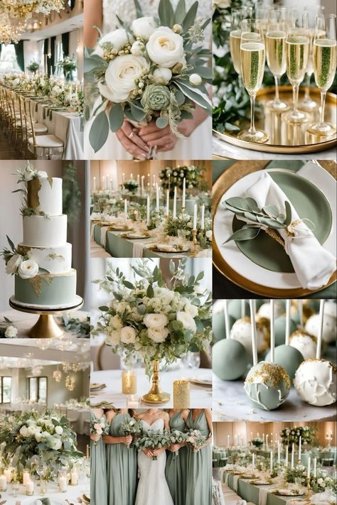 Sage Green And Gold Fall Wedding, Green N Gold Wedding Ideas, Sage Green Cream And Brown Wedding, Wedding Sage Green Decor, Weddings Sage Green, Sage Green Filipino Wedding, Green Outdoorsy Wedding, Wedding Colors Gold And Green, Sage Green Brown And Gold Wedding