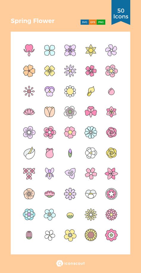 Spring Flower Icon Pack - 50 Filled Outline Icons Cute Flower Doodles, Bouquet Foliage, Flower Decor Ideas, Spring Icons, Watercolor Blossom, Floral Icons, Spring Elements, Foliage Wallpaper, Cute Flower Drawing