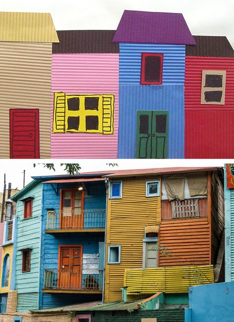 Collage For Kids, Home Art Projects, Cardboard Village, Multicultural Crafts, House Collage, Argentina Art, Cardboard City, Colorful Homes, Spanish School