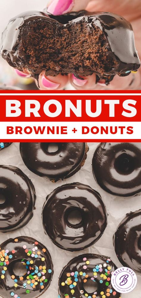 Brownie Donuts (Bronuts) - Belly Full Birthday Cake Donuts Ideas, Donut Recipes For Donut Maker, Brownie Donuts Baked, Fun Donut Flavors, Donut Dessert Ideas, Homemade Mini Donuts Recipes, Bronut Ideas, Pampered Chef Donut Pan Recipes, Easy Baked Donuts With Donut Pan