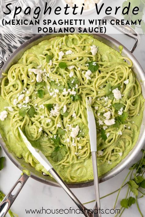 Mexican Green Spaghetti (Spaghetti Verde) combines the rich, smoky flavors of roasted poblano peppers with creamy cheese and fresh herbs! It's both easy to prepare and perfect for any occasion, whether it's a weeknight dinner or a special gathering! Mexican Green Spaghetti Recipe, Mexican Green Spaghetti, Green Spaghetti Recipe, Spaghetti Verde, Mexican Spaghetti, Mexican Sour Cream, Poblano Sauce, Mexican Side, Baked Spaghetti Casserole