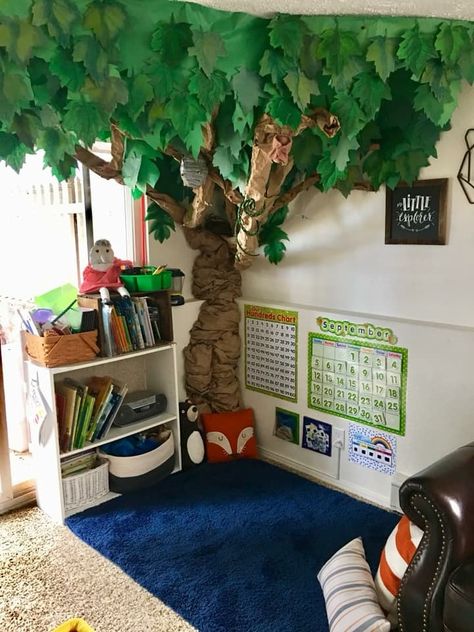 Diy Reading Corner Classroom, Reading Corner Tree Classroom, Tree Reading Corner Classroom, Library Corners In Classrooms, Woodland Book Corner, Fairytale Reading Corner, Reading Tree In Classroom, Corner Tree Decor, Woodland Reading Corner