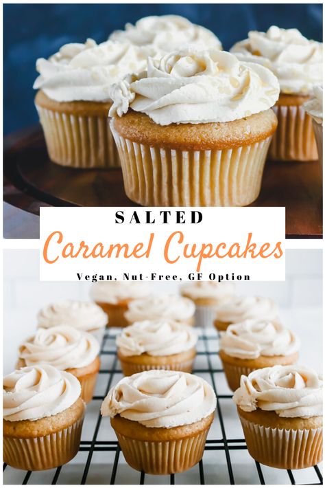 Vegan Caramel Cupcakes, Vegan Gf Cupcakes, Gf Df Cupcakes, Vegan Caramel Cake, Vegan Cupcake Recipe, Vegan Gluten Free Cupcakes, Vegan Cupcake Recipes, Allergy Friendly Desserts, Homemade Salted Caramel