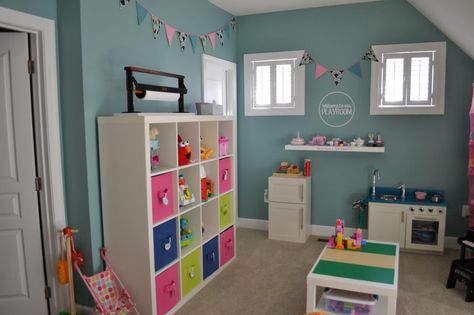 Playroom. Paint color: SW drizzle Sw Drizzle, Teal Playroom, Playroom Paint Colors, Playroom Paint, Farmhouse Build, Teal Paint, Toddler Playroom, Playroom Design, Black Furniture