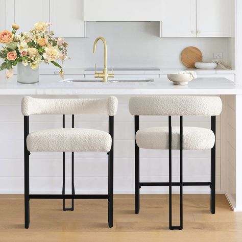 Boucle Upholstered Counter Stool with Arms(Set of 2) - Bed Bath & Beyond - 40410522 Console Table Living Room, Modern Counter Stools, Stools With Backs, Counter Height Bar, Counter Table, Counter Height Bar Stools, Living Room Shop, Contemporary Dining, Modern Bar Stools