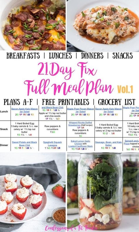 Looking for a 21 Day Fix Meal Plan to take the guesswork out of meal planning?  I've gotcha covered - and this ultimate portion fix meal plan contains super yummy breakfast, lunch, dinner, and snacks, plus FULL printable grocery list and prep tips for your week! Options for with or without Shakeology and all brackets. Awesome for beginners and perfect healthy meals for your whole family. Confessions Of A Fit Foodie, 21 Day Fix Plan, 21 Day Meal Plan, 21 Day Fix Diet, Salad Kale, 21 Day Fix Meal Plan, Day Meal Plan, Fit Foodie, 21 Day Fix Meals