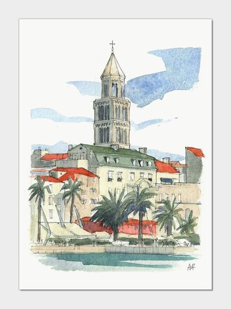 Sight at Hvar I, Croatia Urban Watercolor Drawing - Etsy Belgium Croatia Drawing, Urban Watercolor, Travel Doodles, Hvar Croatia, Insta Highlights, Architectural Prints, Custom Drawing, Watercolor Drawing, Scenic Views