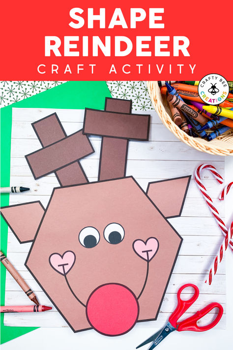 Grab this fun shape reindeer craft to celebrate the festivities of December and prepare for Christmas. Preschool, kindergarten, first grade students and beyond will enjoy this adorable shape craft. It's great for school activities or homeschool entertainment. Turn the crafts into rudolph or make a whole team of them to carry Santa's sleigh. Print the template on colored cardstock and display the creations on your bulletin boards or classroom doors. Reindeer Craft For Kindergarten, Kindergarten December Crafts, Pentagon Crafts Preschool, December Kindergarten Crafts, Christmas Shapes Preschool, Reindeer Preschool Crafts, Reindeer Activities For Kindergarten, Christmas Crafts Kindergarten Classroom, Christmas Crafts First Grade