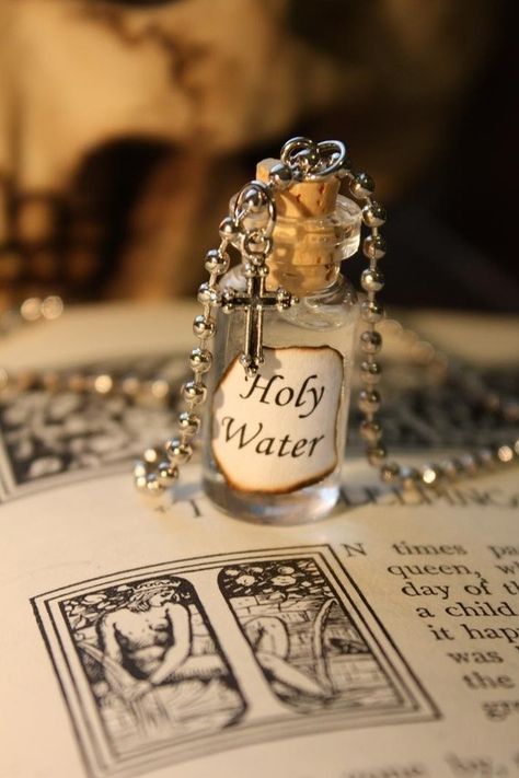 Holy Water- A very well know tool for fighting the devil and his little cronies. He hates Holy Water!!! Always carry a little with you... Process Symbol, Holy Orders, Water Necklace, Sick Person, Vampire Necklace, Holy Water Bottle, Mark 6, Vial Necklace, Tiny Jars