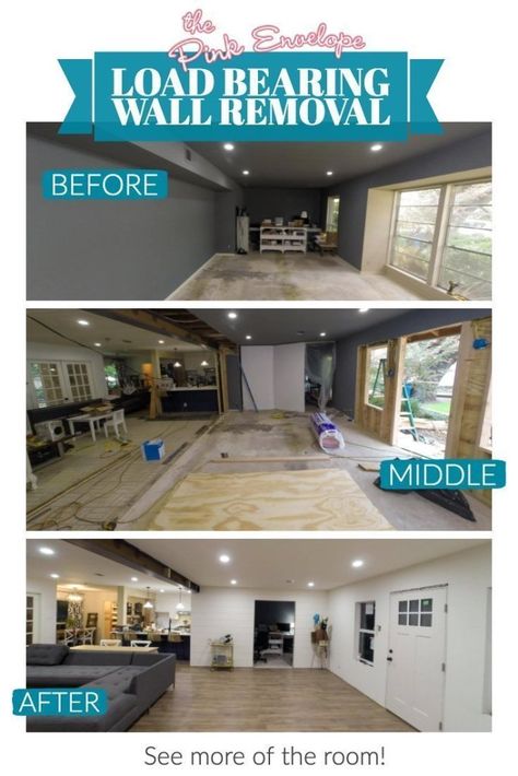 DIY Remodel - When to Hire a Pro Contractor - The Pink Envelope Wall Removal Before And After, Dining Room Sitting Room Combo, Removing Load Bearing Wall, Wall Removal, Rent House, Ranch Remodel, Load Bearing Wall, Pink Envelope, Home Remodeling Diy