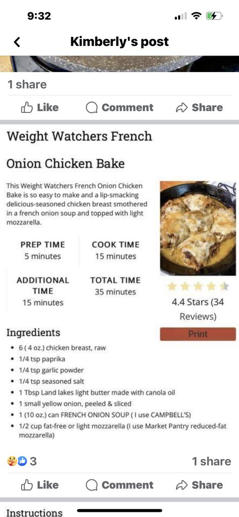 French Onion Chicken Bake, Onion Chicken Bake, Ww Recipe, Weight Watchers Meal Plans, Healthy Baked Chicken, French Onion Chicken, Weight Watchers Recipes Desserts, Weight Watchers Chicken, Weight Watcher Dinners