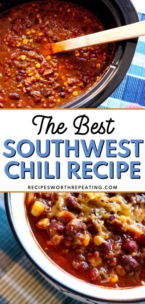 Cowboy Chili Recipe Crockpot, Different Kinds Of Chili Recipe, Southwest Chili Recipe Crockpot, New Mexico Chili Recipes, Cowboy Chili Crockpot, Roaster Of Chili Recipe, Chilli With Corn, Spanish Chili Recipe, Chilli Recipe With Corn