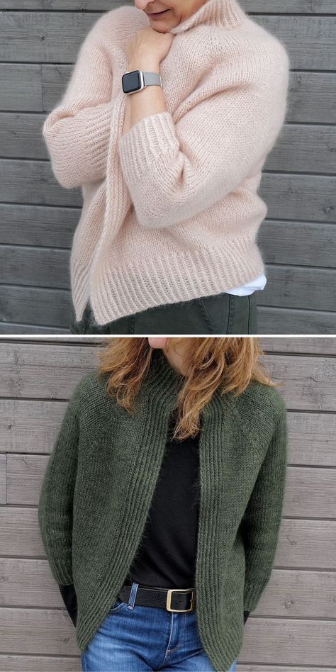 Two images of a person wearing knit cardigans: the top image shows a pink cardigan, and the bottom image shows a green cardigan with a dark shirt and jeans. Bulky Yarn Cardigan Knitting Patterns, Womens Chunky Cardigan Knitting Patterns Free, Cardigan Sweater Pattern Free Knitting, Free Cardigan Pattern Knitted, Top Down Knit Cardigan Pattern Free, Mohair Cardigan Knitting Pattern, Dk Knitting Patterns Free, Top Down Cardigan Knitting Pattern Free, Free Knit Cardigan Pattern