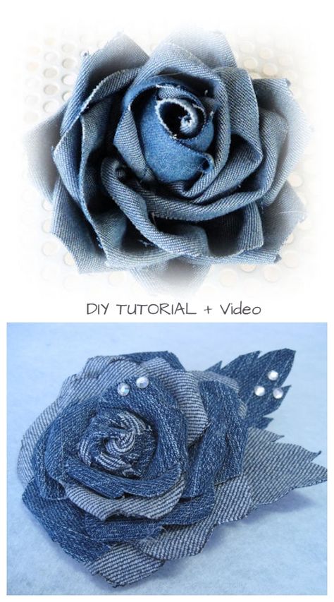 DIY Recycled Denim Jean Rose Flowers Free Sewing Pattern + Video Tutorial Återvinna Jeans, Denim Crafts Diy, Making Fabric Flowers, Blue Jeans Crafts, Fabric Flower Tutorial, Fabric Sewing Patterns, Patterns Fabric, Free Sewing Patterns, Denim Jewelry