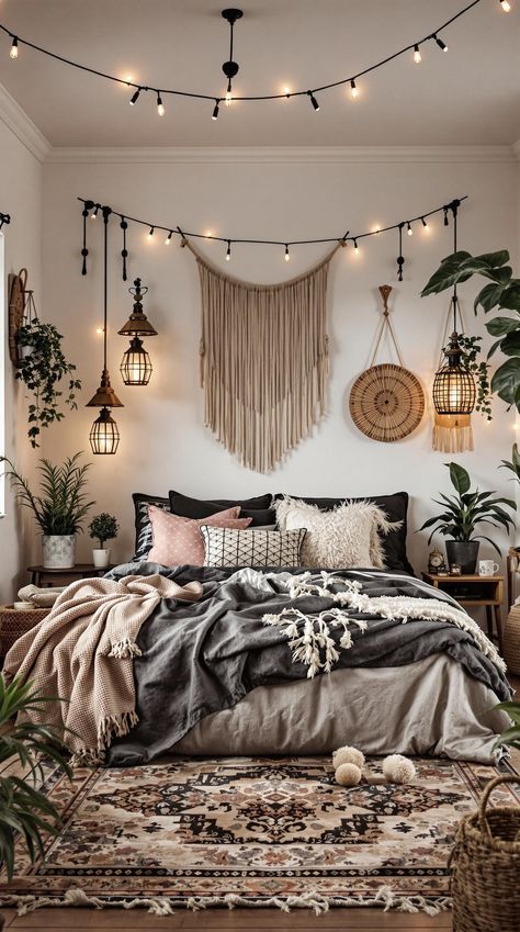 Black Boho Bedroom Ideas Boho Bedroom Dark Furniture, Boho Bedroom Black Bed Frame, Boho Bedroom Dark, Bedroom Dark Furniture, Black Boho Bedroom, Dark Bedroom Furniture, Bedroom Dark, Dark Boho, Whimsical Bedroom