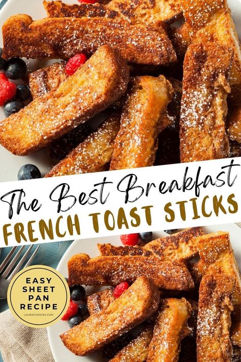 french toast sticks with powdered sugar, blueberries, and raspberries Airfryer French Toast Sticks, French Toast Sticks Oven, Make Ahead French Toast Sticks, Frozen French Toast Sticks Casserole, How To Make French Toast Sticks, Sheet Pan French Toast Recipe, French Toast In Oven, Breakfast Sheet Pan Recipes, French Toast Bake Quick