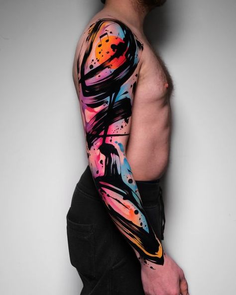 Sleeve Tattoos Watercolor, Splatter Paint Tattoo, Street Art Tattoo Ideas, Mens Watercolor Tattoo, Colorful Abstract Tattoo, Color Cover Up Tattoo, Paint Tattoo Ideas, Abstract Sleeve Tattoo, Watercolor Sleeve Tattoo